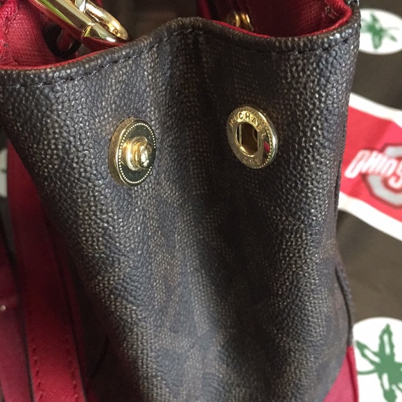 Michael Kors Savannah Signature Small Satchel with Matching Wallet Brown and Red - Picture 6 of 11